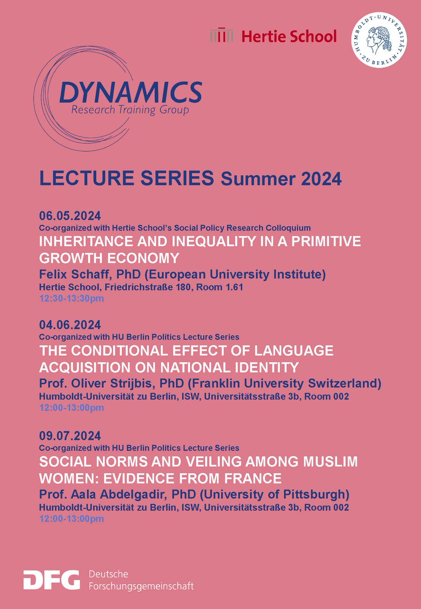 New semester, new @DYNAMICS_PhD Lecture Series! We have a great lineup of speakers and look forward to welcoming @a_abdelgadir , @f_schaff and Oliver Strijbis this semester @thehertieschool @HumboldtUni Come and join us if you are in Berlin!