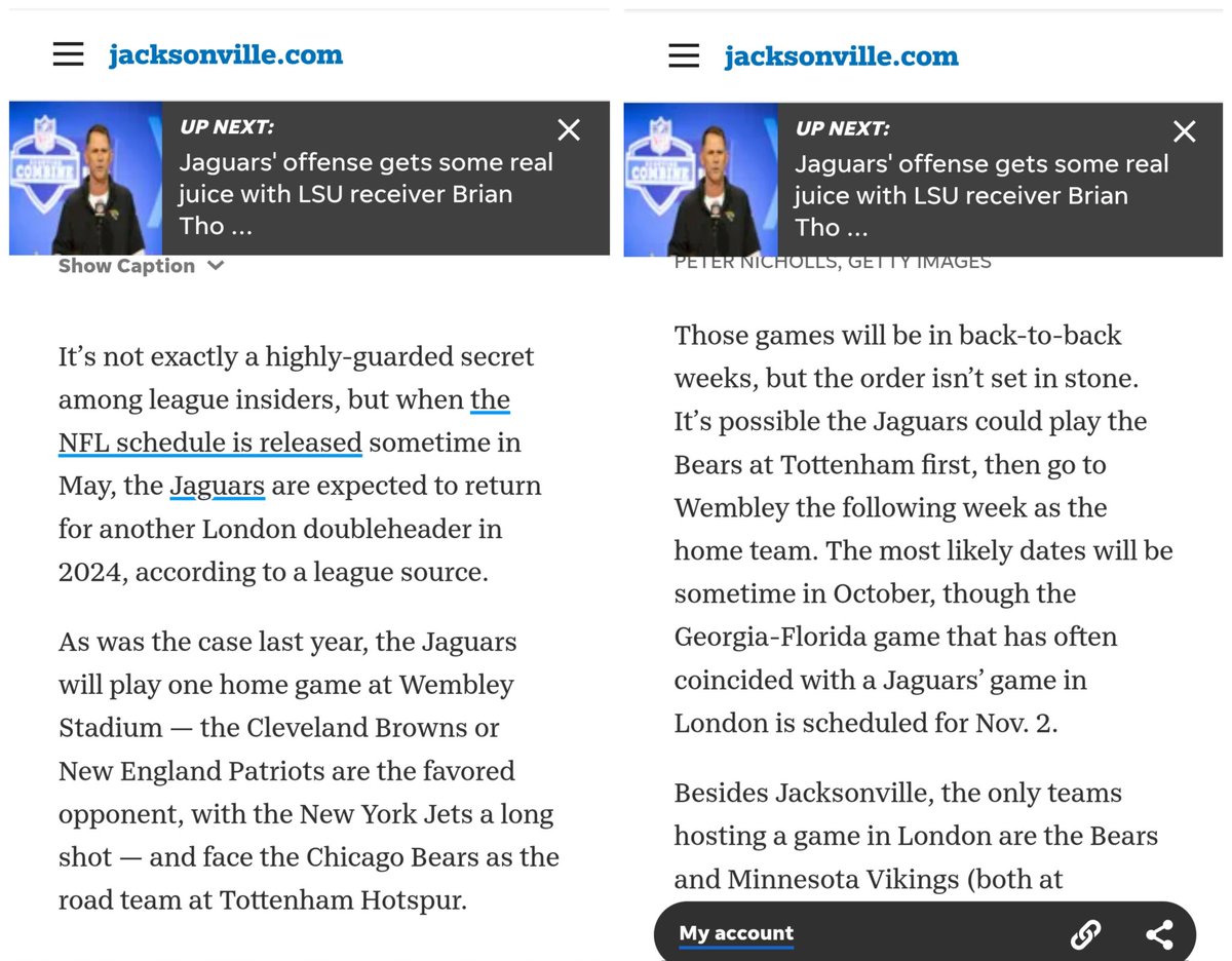 More sources saying the Jaguars will play back to back games. Here it is suggested the Browns or Patriots are favourites to play at Wembley, with the Jets a long shot. Also suggesting the Tottenham game will be played first, followed by the Wembley game. eu.jacksonville.com/story/sports/2…