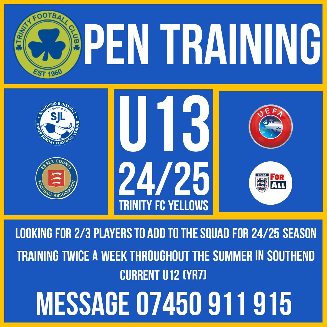 Open Sessions where we are looking for 2/3 players to add to our squad
Contact for information 
#squadbooster #newplsyers #youthfootball #trinity #tuesdaymotivation #weonlydopositive