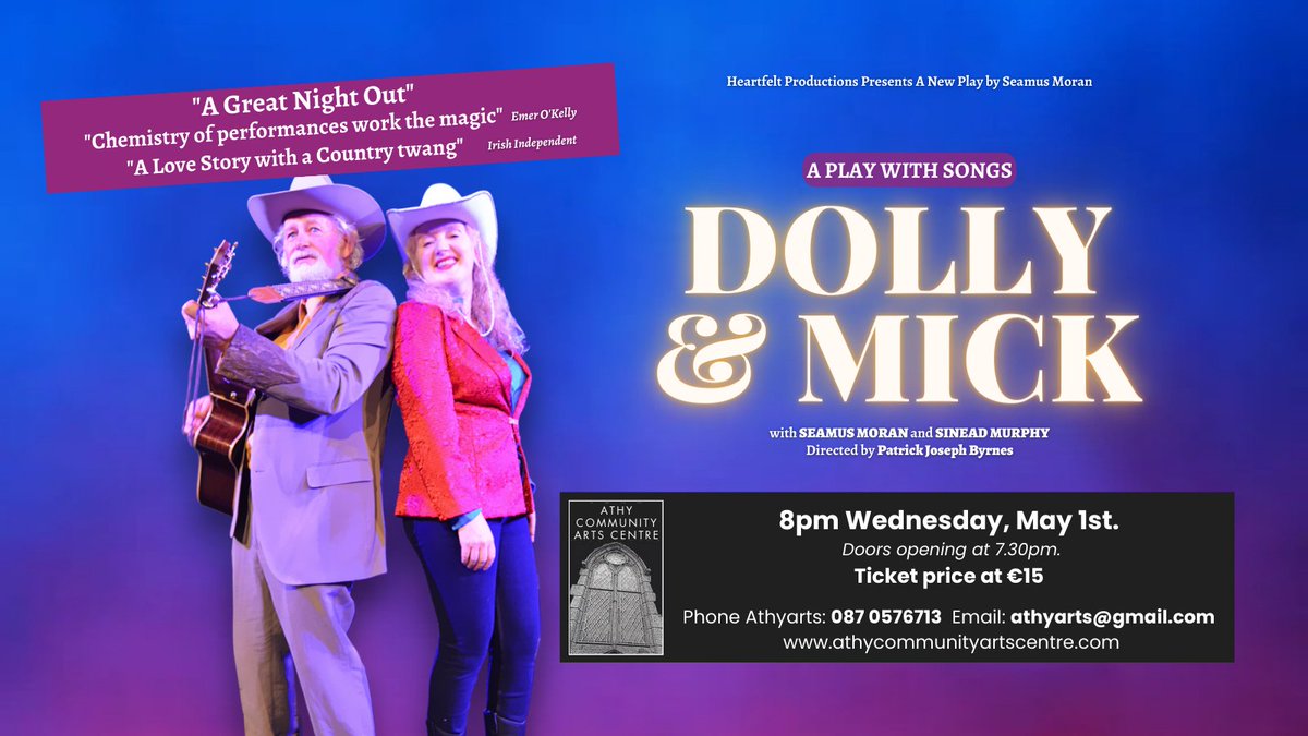 Dolly & Mick with ISL access on the 1st of May 2024 (Wednesday) in Arts Community centre. Tickets are €15 and doors open at 7.30pm #islaccess @AthyArts