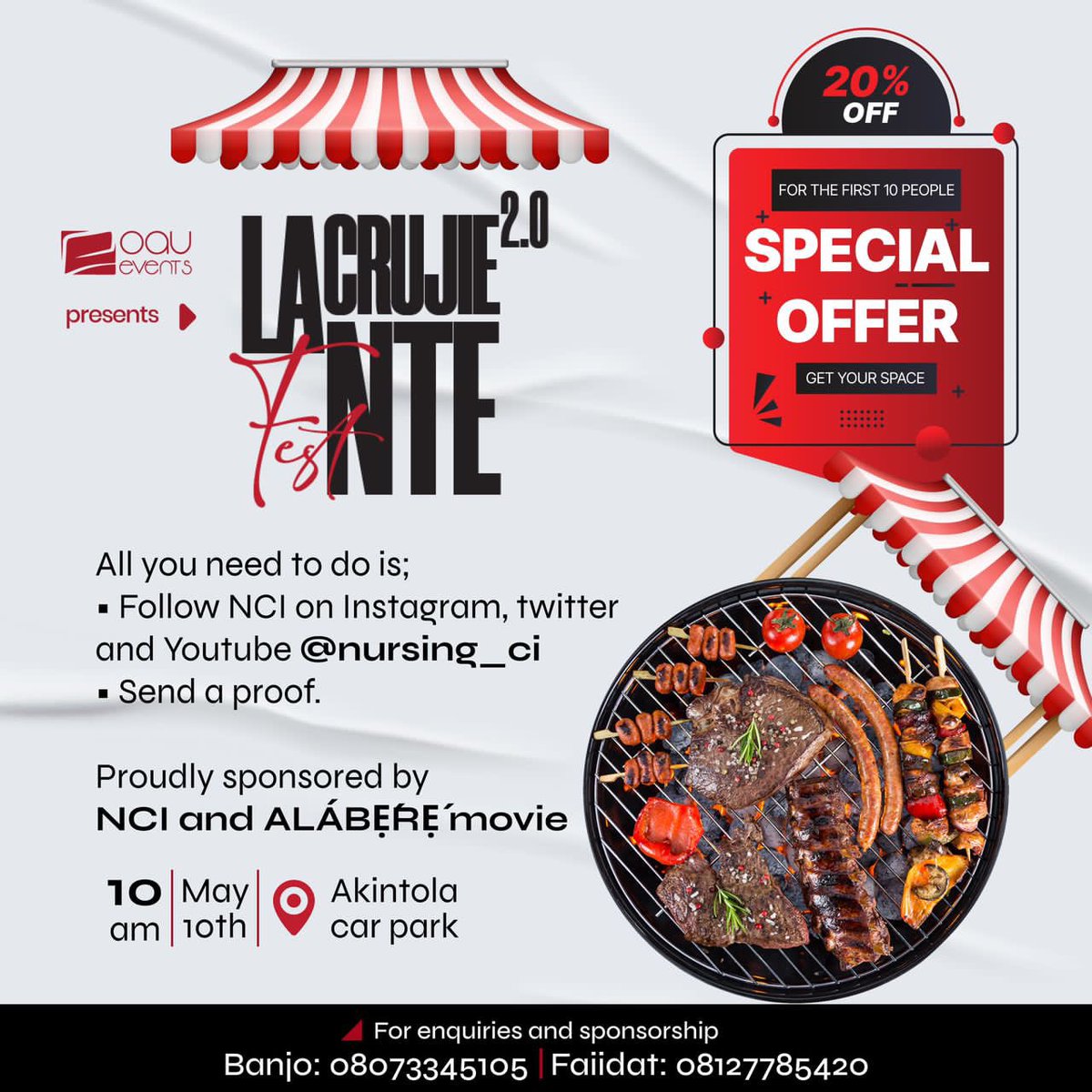 🎟️ Book a slot at our trade fair and get a whopping 20% discount! 🤩 But that's not all! This awesome deal is sponsored by the awesome folks at NCI Initiative and Alabere movie! 🎥

To claim your discount, all you have to do is follow NCI Studios on Instagram and Twitter 1/2