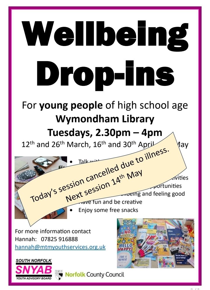 There's no Drop-in session at Wymondham Library today, but we'll see you in two weeks 🙂