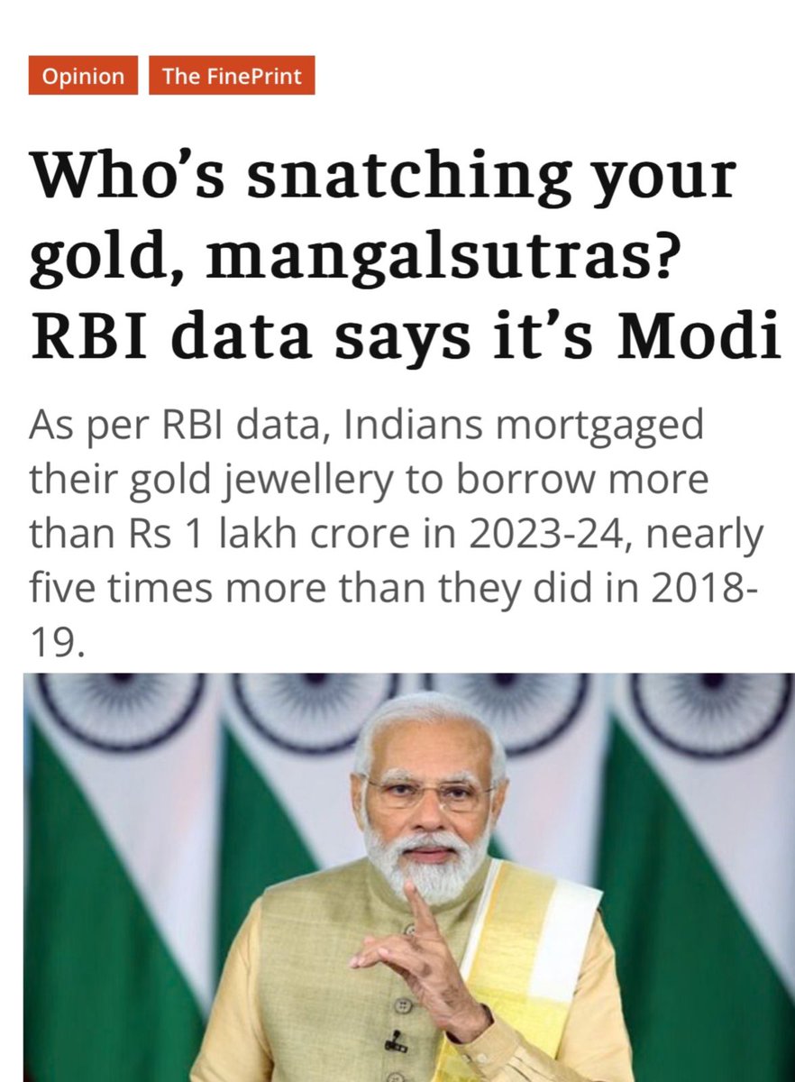 Data from the Reserve Bank of India shows Indians mortgaged their gold jewellery to borrow more than Rs 1 lakh crore in 2023-24, nearly five times more than they did in 2018-19. So who is snatching your Mangalsutra? Nobody else but MODI.