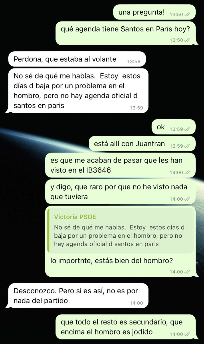 Este es mensaje que mandé a la directora de gabinete y comunicación de Santos. Primero lo negó. Luego dijo que, de ser así, no era para nada del PSOE. Luego otra fuente me volvió a negar por teléfono el viaje. Un día más tarde, cuando lo publiqué, le dijeron a El País que si fue.