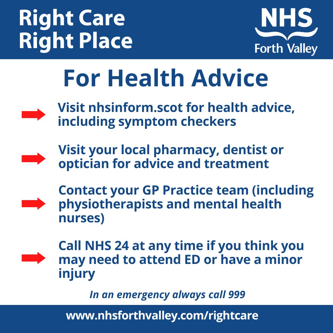 Our Emergency Department at Forth Valley Royal Hospital is extremely busy today. Please think carefully before attending the Emergency Department which is for critical or life-threatening situations. For non-life-threatening illnesses and injuries, please consider ⬇