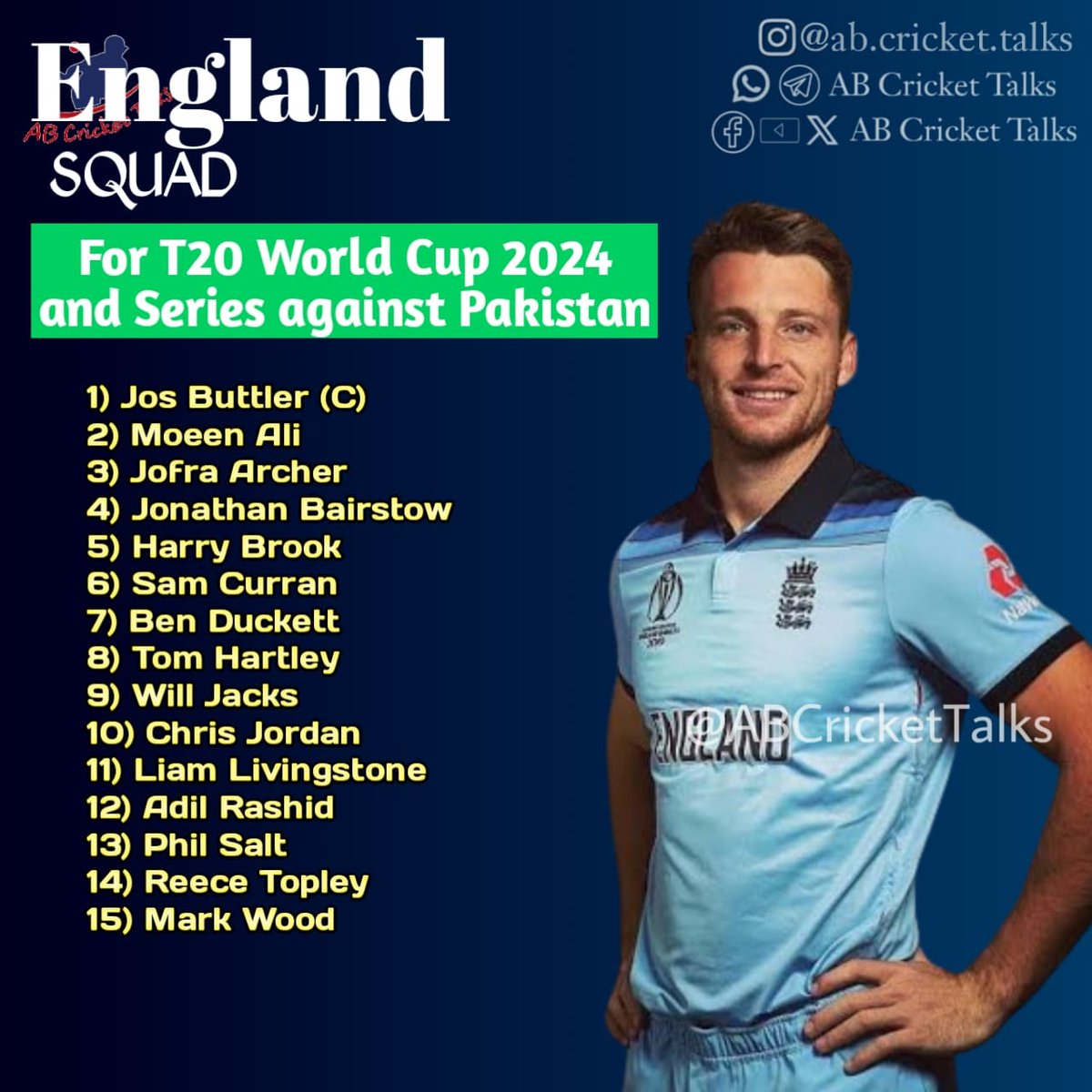 Here is the squad of England team for the T20 World Cup 2024 and series against Pakistan
Jofra Archer returning to international Cricket after a long time

#ABCricketTalks #CricketTalksWithArpit 

#EnglandCricket #HappyBirthdayRohitSharma #ecb #duckybhai #jofraarcher