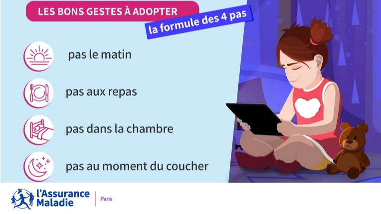 Connaissez-vous la formule des "4 pas" ?
Il s'agit de 4 règles qui permettent de limiter le temps d'écran à certains moments de la journée. 📵

Découvrez-les ci-dessous 👇