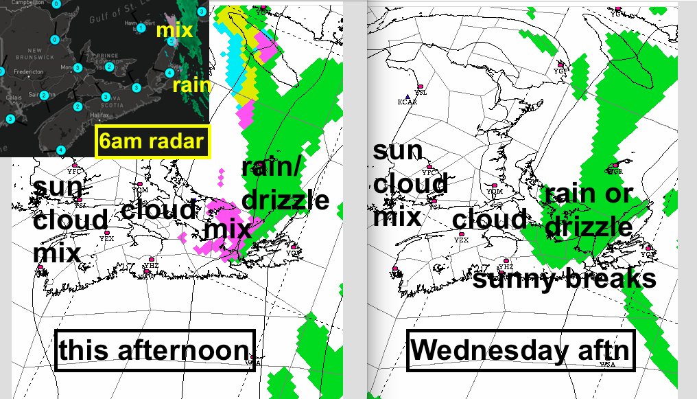 A brisk north flow keeps mostly cloud, cool single digit temps and patchy light precip over the eastern half of Maritimes for next several days. More sunshine, lighter winds and warmer aftn temps western half Maritimes. Halifax a bit of both... Looks like nice weekend ahead.