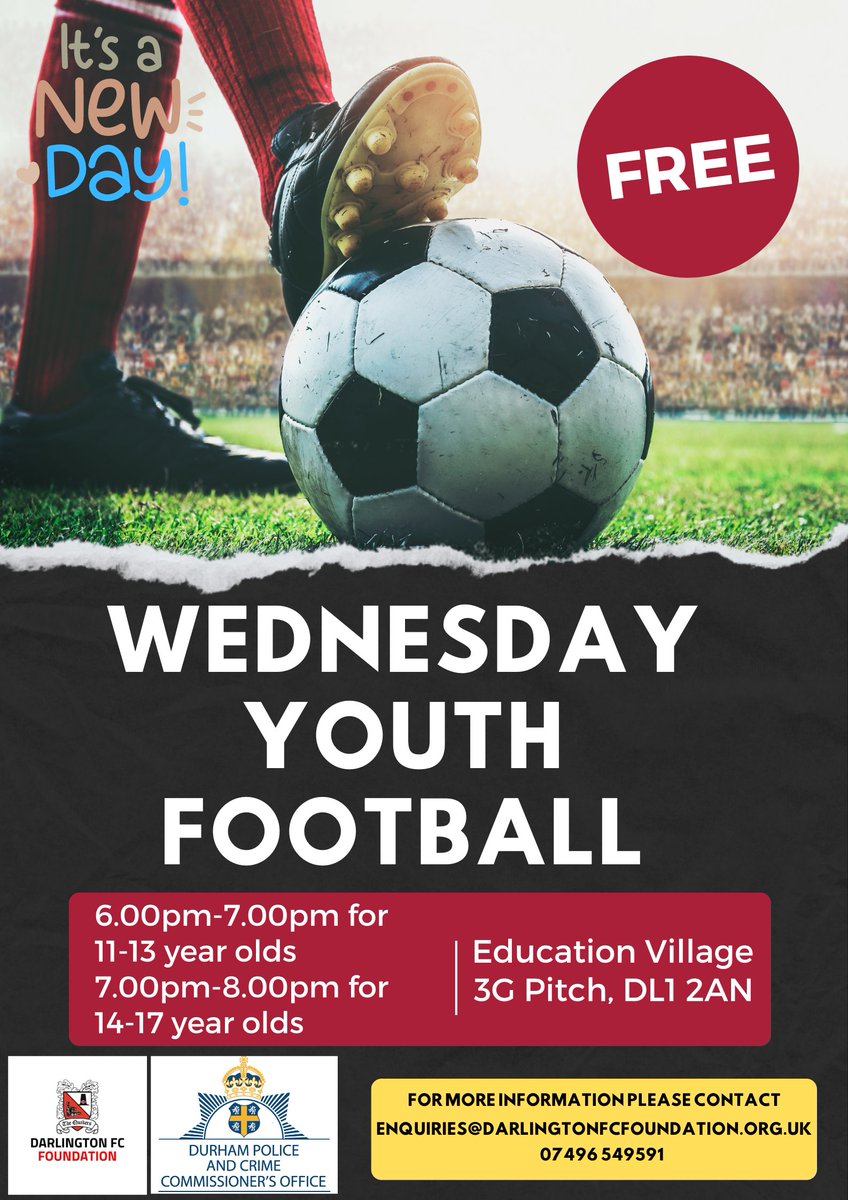 *LATEST NEWS* Thursday Youth Football is MOVING NIGHT to a Wednesday from NEXT WEEK. This Thursday will be the last Thursday session then we move to WEDNESDAY! 6pm-7pm 11-13 Year Olds 7pm-8pm 14-17 Year Olds Please spread the word! @lovedarlouk @Official_Darlo