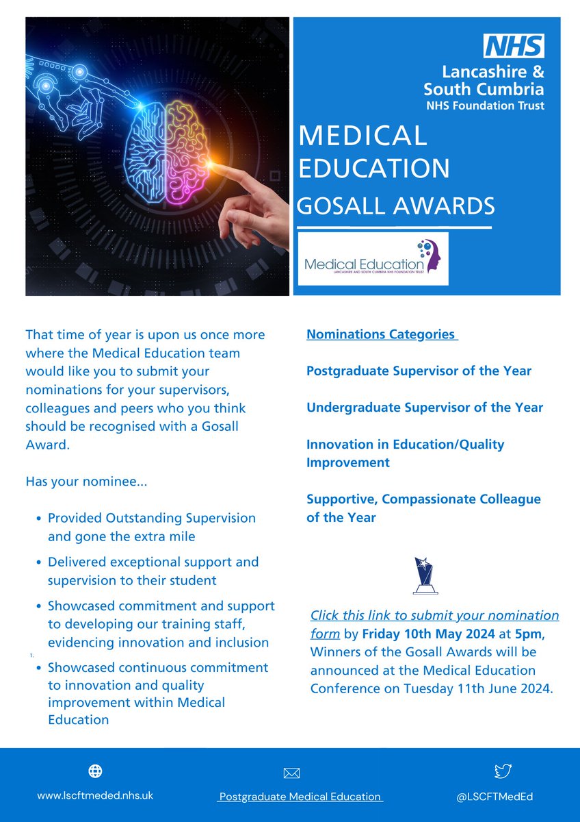 We Are LSCft Medical Education (@lscftmeded) on Twitter photo Do you have a colleague or supervisor who is supportive, compassionate and always goes the extra mile?
Why not nominate them for a Gosall Award.
For more info, please see flyer below. Nomination form can be accessed via:rb.gy/775bbi
<a href="/WeAreLSCFT/">Lancashire & South Cumbria NHS Foundation Trust</a> #education #Award Do you have a colleague or supervisor who is supportive, compassionate and always goes the extra mile?
Why not nominate them for a Gosall Award.
For more info, please see flyer below. Nomination form can be accessed via:rb.gy/775bbi
<a href="/WeAreLSCFT/">Lancashire & South Cumbria NHS Foundation Trust</a> #education #Award