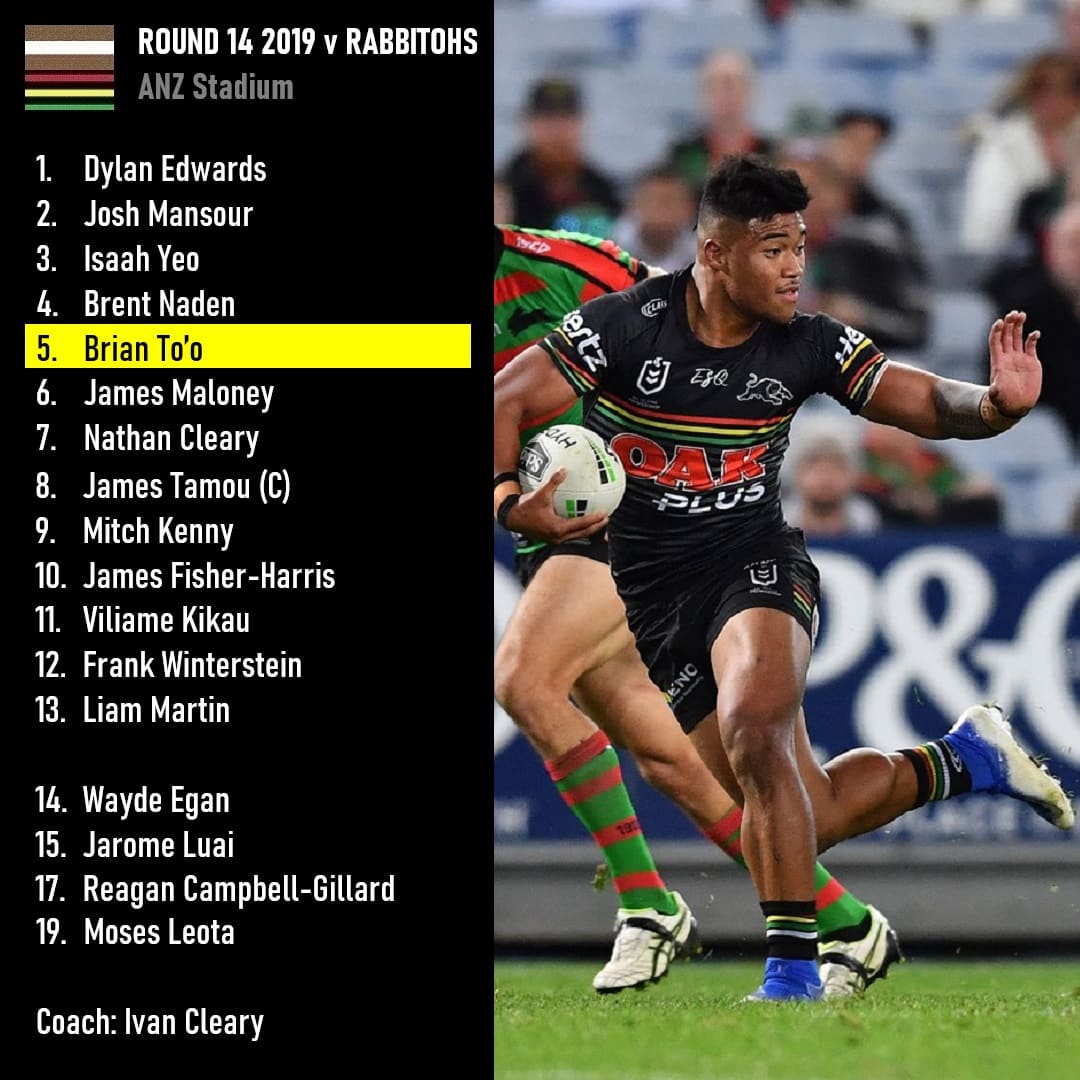 TEAMLIST TUESDAY

Brian To'o scored his 1st NRL try, with a James Maloney FG providing the difference with a 19-18 win in regulartime. It was also Penrith's first win over Souths at this venue, losing the previous 7.

#NRLSouthsPanthers #pantherpride