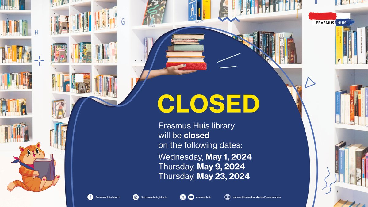 Due to public holidays, the Erasmus Huis library will be closed on the following dates: Wednesday, May 1, 2024 Thursday, May 9, 2024 Thursday, May 23, 2024. 📚