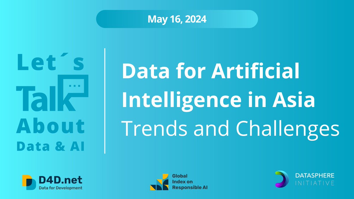 📅SAVE THE DATE We will be hosting the “Data for AI in #Asia: Trends and Challenges' webinar with @thedatasphere & the @GlobalIndexRAI on May 16. The event will spark a discussion about how data governance is being used for AI developments in the region. 📌bit.ly/3WkN9Mv