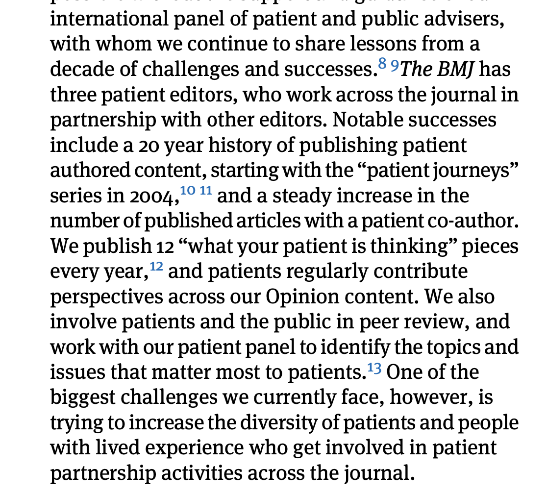 The British Medical Journal has had a long history of involving patients in its publication efforts. In July they will publish a special issue of The BMJ, led by patients. More journals should emulate such efforts. #medtwitter @bmj_latest bmj.com/content/385/bm…