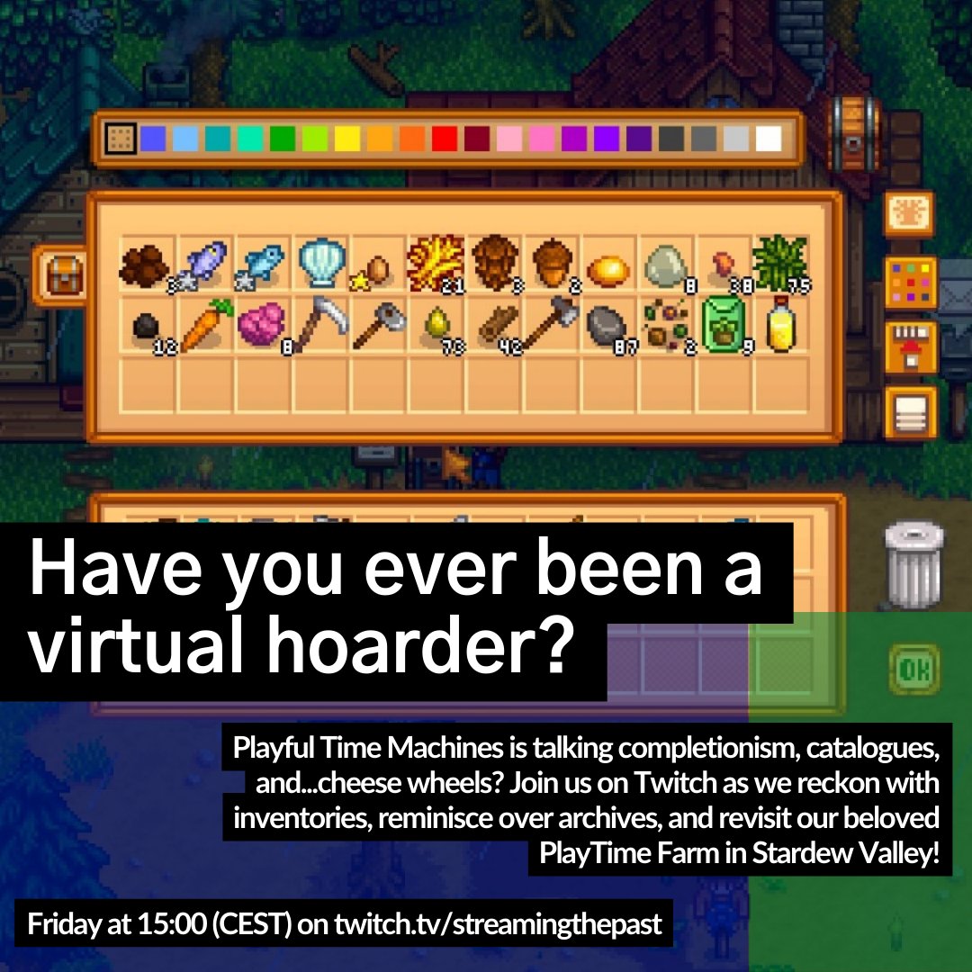 playfultimemach's tweet image. This Friday 15:00 on Twitch, we ask: Have you ever been a virtual hoarder? Come clean about those stashes of potions you never used and the stacks of weapons just gathering dust. We'll play some #StardewValley and show our virtual hoards over there! twitch.tv/streamingthepa…