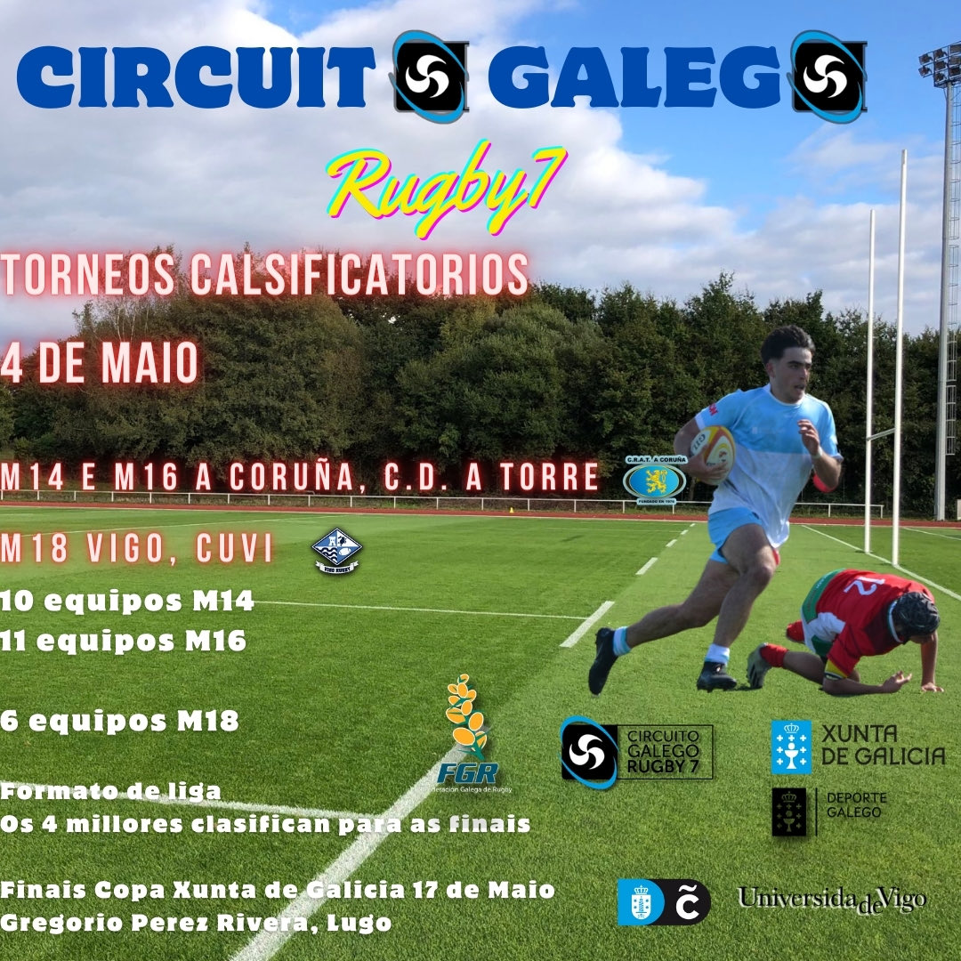 🚨 Circuito Galego de Rugby7 🏆 Finais Copa Xunta de Galicia 17 de Maio 📍 Lugo 📅 Sábado 4 🏉 Clasificatório M14 e M16 no🏟️ C.D. A Torre 👌🏻 Organizado por @CRAT1976 e @coruna_deportes 🏉 Clasificatorio M18 no 🏟️ CUVI 👌🏻Organiza @VigoRugbyClub e @uvigo #RugbyGalego