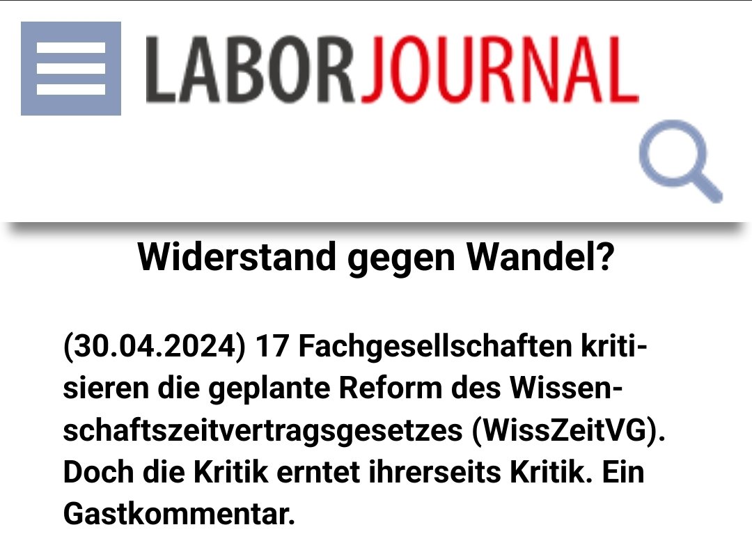 Zusammen mit 17 Fachgesellschaften kritisiert die @GBM_eV den #WissZeitVG Entwurf. Und was sagt #IchBinHanna #IchBinReyhan zur Kritik?
@TanjaBhuiyan6 & ich stellen im @Lab_Journal fest, dass die Fachgesellschaften sich dem nötigen Wandel widersetzen.
laborjournal.de/editorials/m_2…