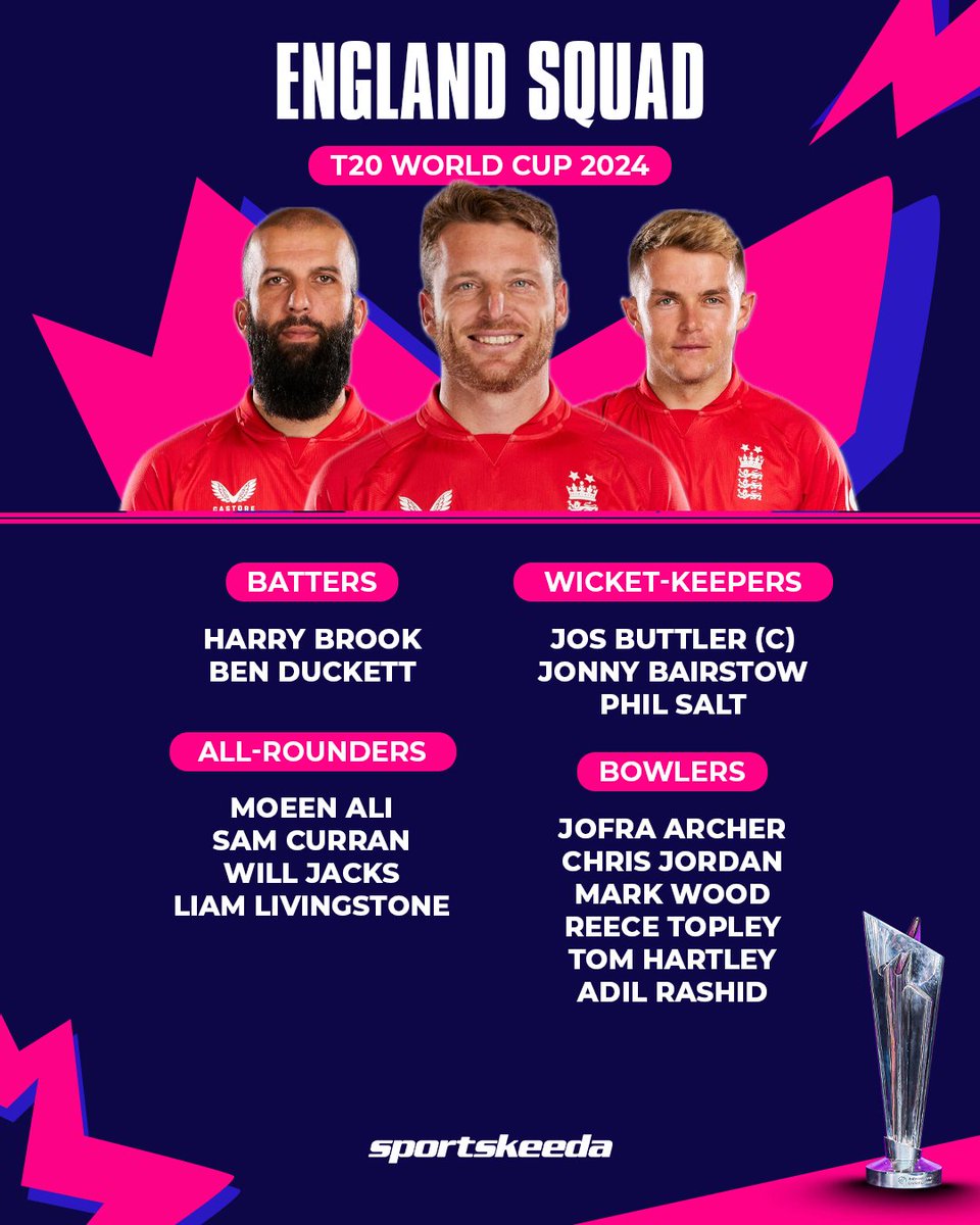 🚨 BREAKING 🚨

Defending Champions England have announced their squad for the upcoming T20 World Cup 2024 🏆🏴󠁧󠁢󠁥󠁮󠁧󠁿

#JosButtler #England #T20Is #WorldCup #CricketTwitter