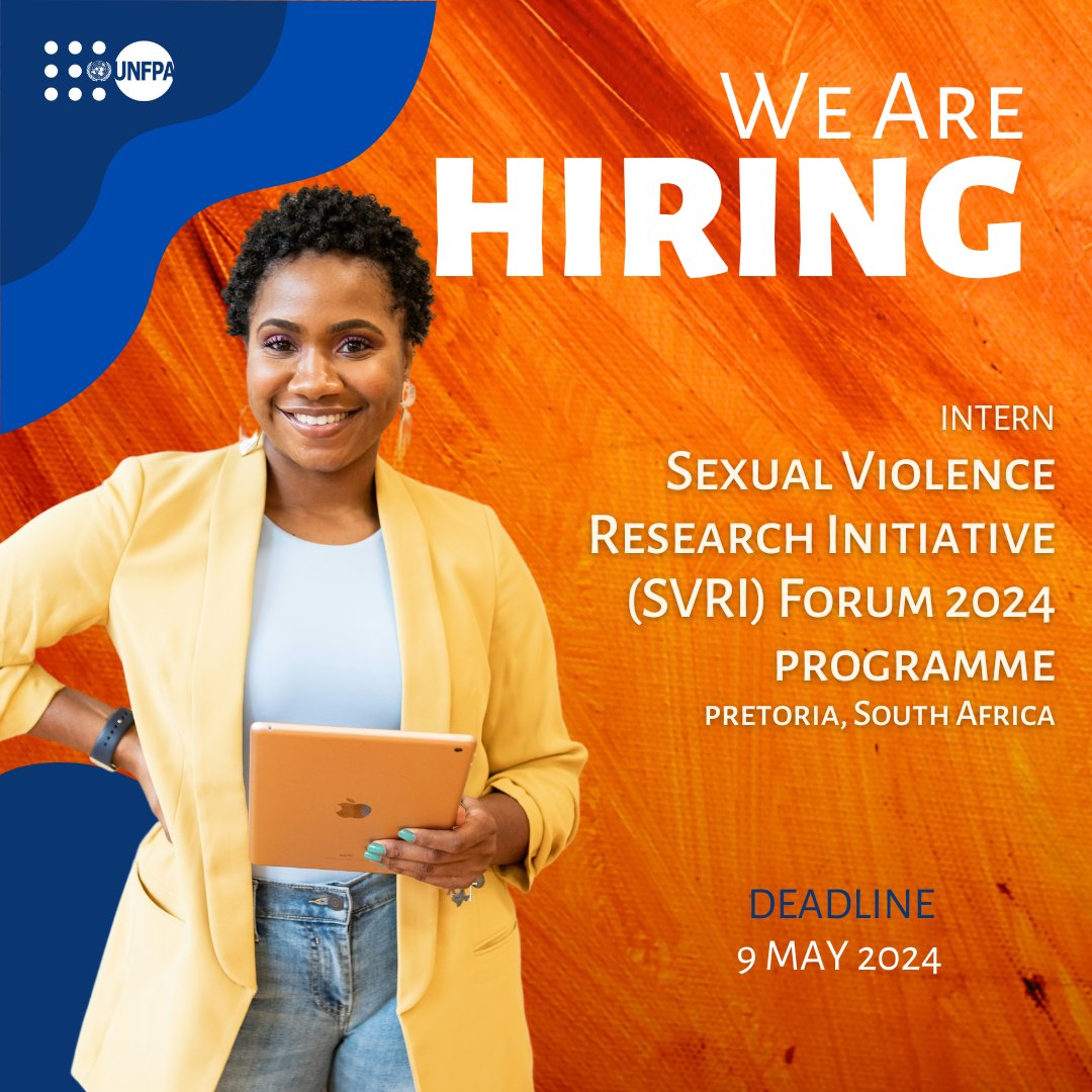 Internship Opportunity!!

@UNFPASA is seeking the services of one appropriately qualified Intern to support Sexual Violence Research Initiative (SVRI) Forum 2024 programme.

For more information see: southafrica.unfpa.org/en/vacancies/i… 
@TheSVRI #VAWG #EndGBVF