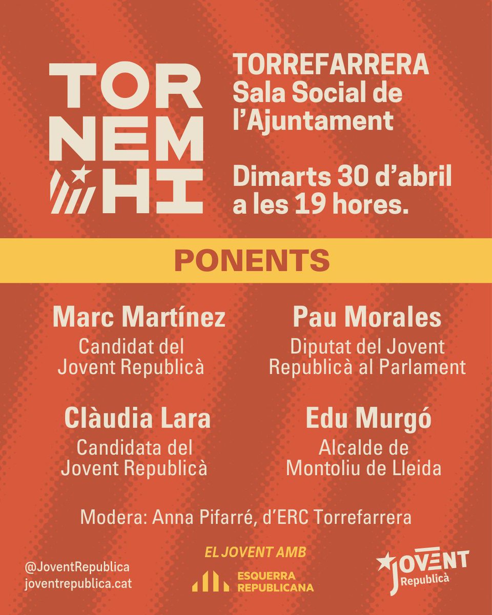 🟡 Pels joves del Segrià, #TornemHi! ✊🏽

📍Avui dimarts 30 d'abril, a les 19h al Local Social de l'Ajuntament de Torrefarrera. 

Amb @marcmartinez16, @edu_murgo, @claudialaracastellon i @pauvilassar 🔛

Alerta canvi de lloc!

Us hi esperem!