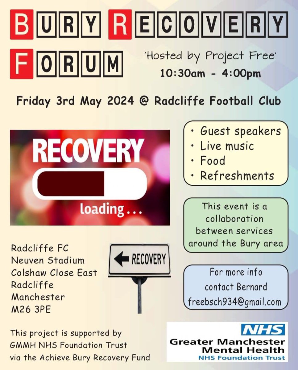 Bury Recovery Forum - Event hosted by Project Free at Radcliffe Football Club. This Friday 3 May 2024, from 10:30. See image for full details and if any interested go and have a look at what is happening. To find our more email freebsch934@gmail.com