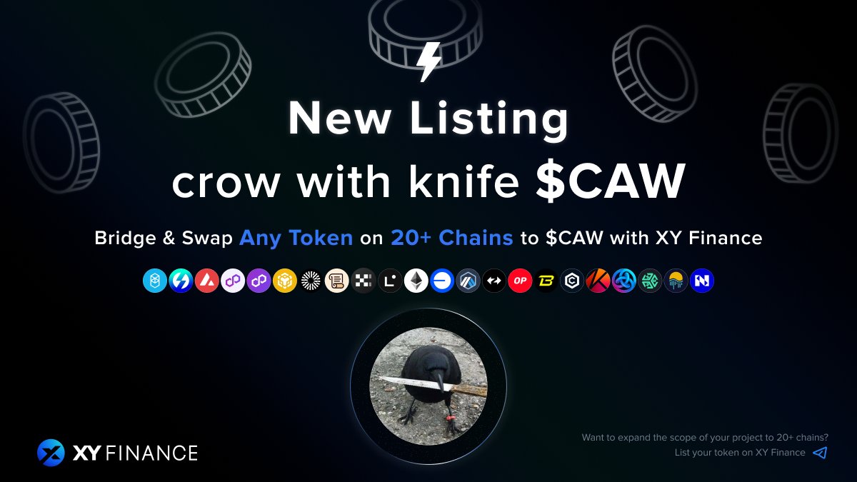 🔥 Congrats @crow_with_knife for hitting 100M market cap

🚀 #XYFinance has listed $CAW on @cronos_chain

⚡ Bridge & swap any token on 20+ chains to $CAW on #Cronos seamlessly

🔗  bit.ly/3w50iil

crow with knife