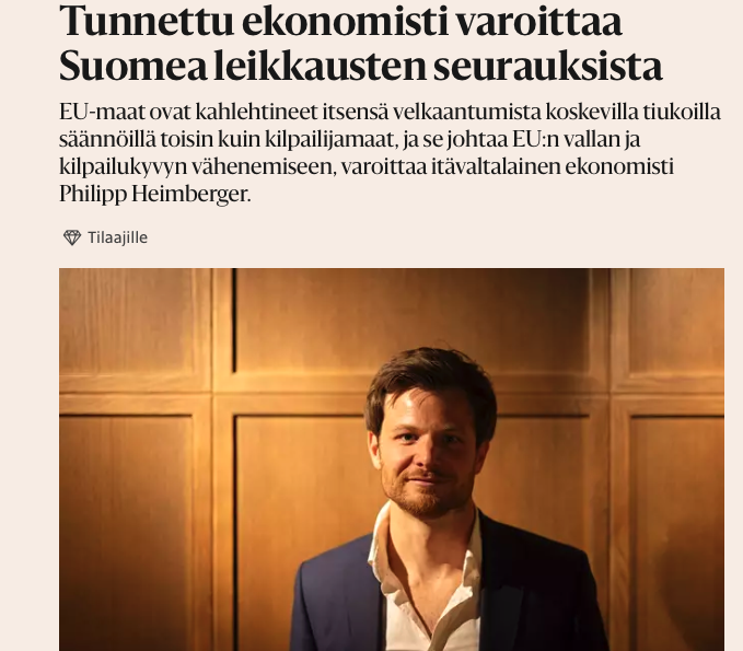 The interview the Finnish finance minister doesn't like: 'Economist warns Finland of harsh budget cuts. EU countries have shackled themselves with strict fiscal rules. This will dampen investment for decarbonisation and reduce EU's geopolitical relevance' hs.fi/talous/art-200…