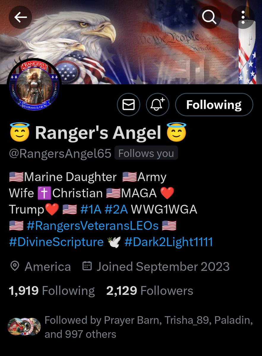 Hey America help push this 💯 True Patriot to 2500 followers. Ranger's Angel @RangersAngel65 is a Marine Brat and Army Ranger Veteran Wife. She believes in the True 🇺🇸 American way of life and in The Constitution, big 1A and 2A Come on America show her what we can do. Get her to…