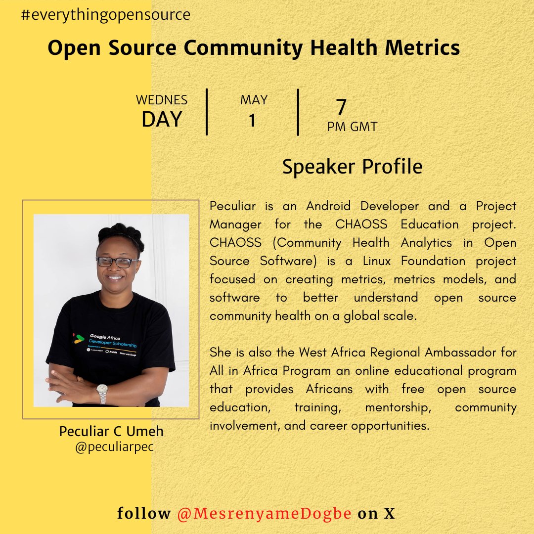 Peculiar Umeh (@peculiarpec), an Android Developer and Project Manager will be sharing about how @CHAOSSproj open source tools can take your community health to the next level on X Spaces. Don't forget to set a reminder here: x.com/i/spaces/1pljq… #everythingopensource