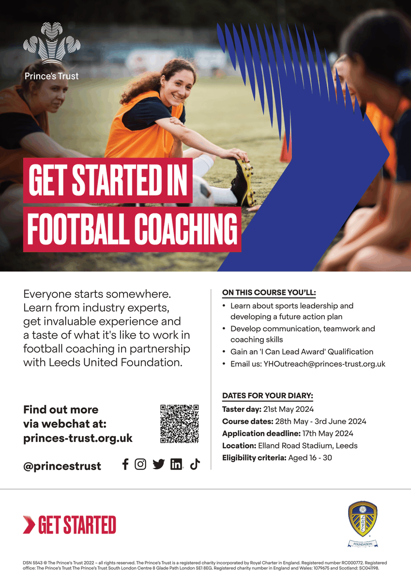 Are you aged between 16 and 30? Information below for a course on football coaching. You will learn new skills and gain a 'I can lead award' qualification. Contact details below for applications, deadline is 17th May.