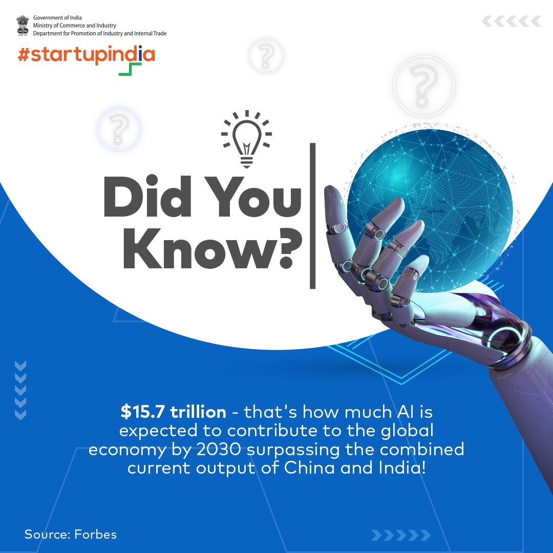 Did you know? AI is set to revolutionise the global economy by 2030, contributing a staggering 15.7 trillion dollars!

Get ready to harness the power of AI for your business or startup.

Stay ahead of the curve!

#AIRevolution #StartupIndia #IndianStartups #DPIIT