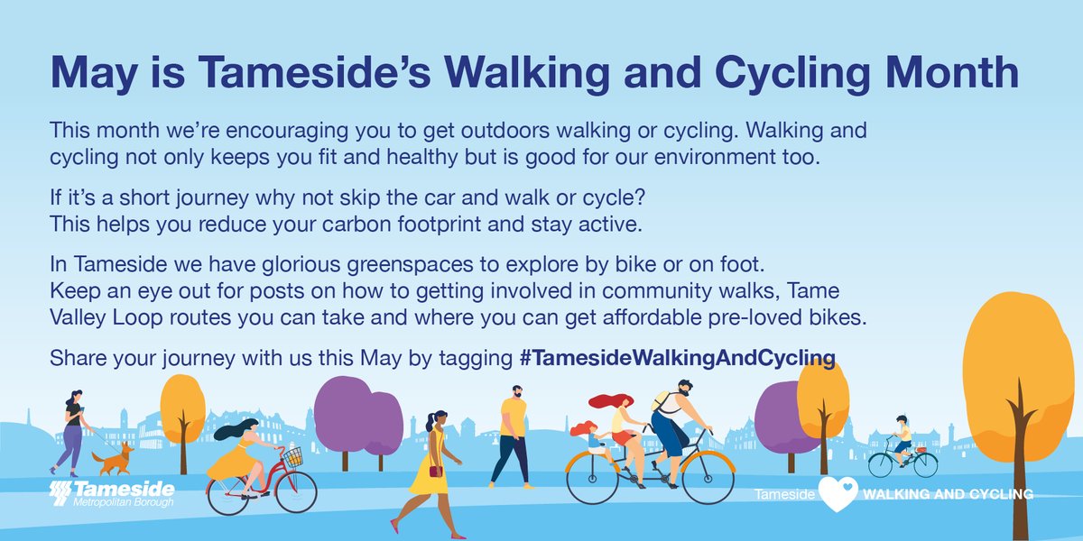 Get Active this coming May for National Walking and Cycling Month🚴‍♀️ There is plenty to be getting involved with from walking and cycling groups and routes to the @mcrbikekitchen 🚶‍♀️ To find out more information read the full press release here👇 public.tameside.gov.uk/pressreleases/…