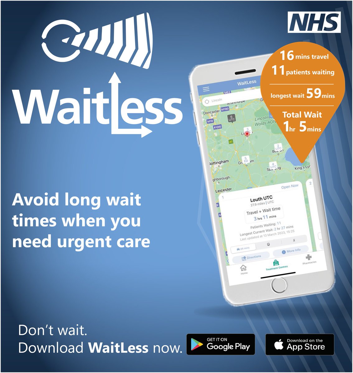 The WaitLess app combines current waiting time, queue numbers and travel time at Urgent Treatment Centres in the county. The app also lists pharmacies in your area. Avoid long wait times when you need urgent care. Download WaitLess today! 📲