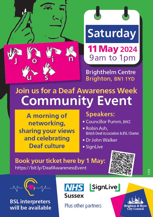 Last chance to book your tickets for our exciting Deaf Awareness Week event on 11 May! Join us, @BrightonHoveCC and other partners to network, share your views and celebrate Deaf culture. BSL interpreters will be available. eventbrite.co.uk/e/deaf-awarene…
