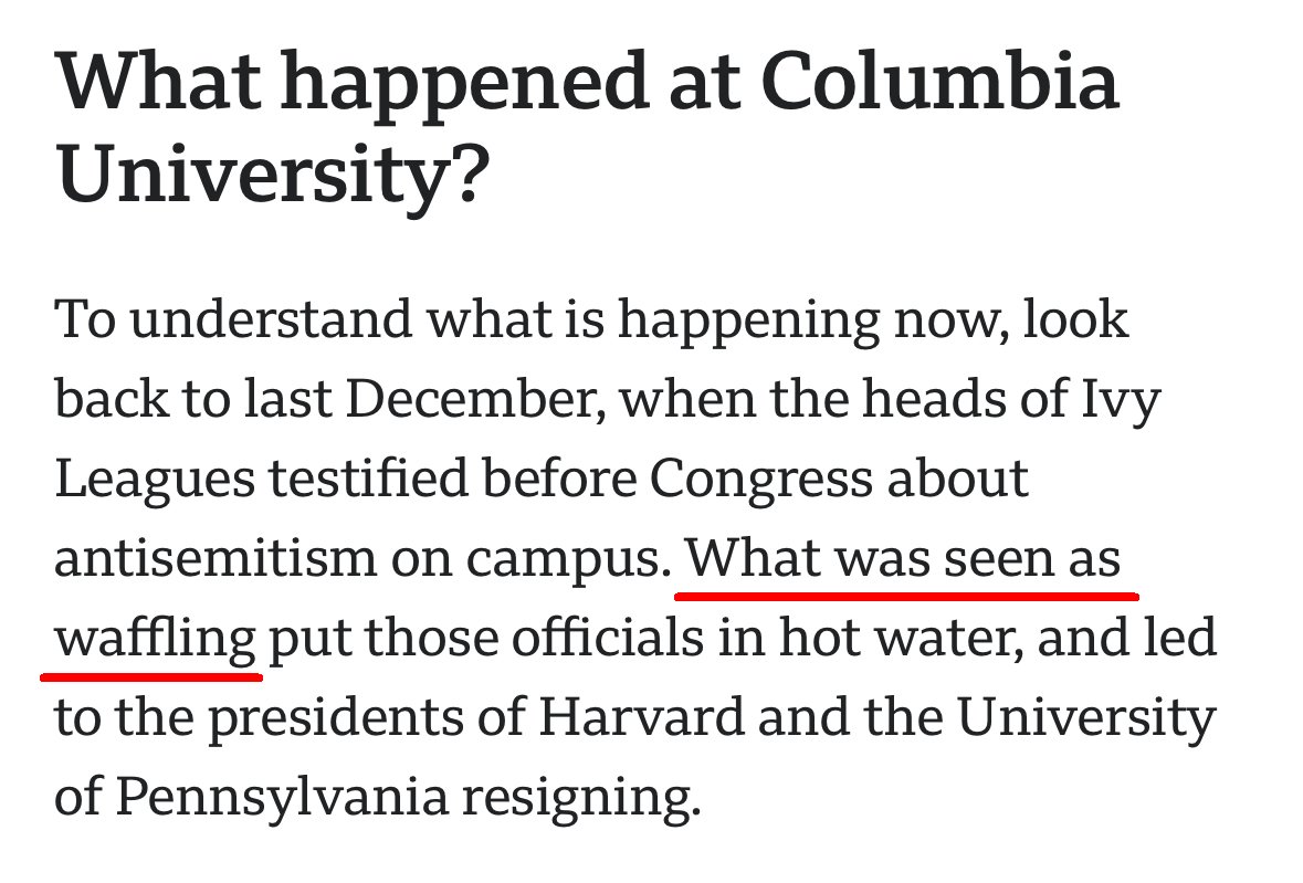 Heads of Ivy League universities were unable to categorically state before Congress that calls for genocide against Jews would violate their rules on bullying & harassment. According to @BBCNews, this was simply 'seen as waffling.' bbc.com/news/world-us-…