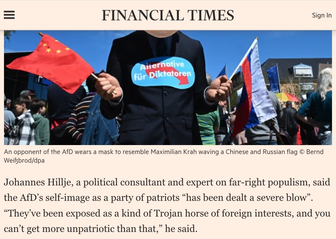 'They’ve been exposed as a kind of Trojan horse of foreign interests, and you can’t get more unpatriotic than that' habe ich @GuyChazan von der @FT über die die Causa #Krah der #AfD gesagt: ft.com/content/ca6e84…