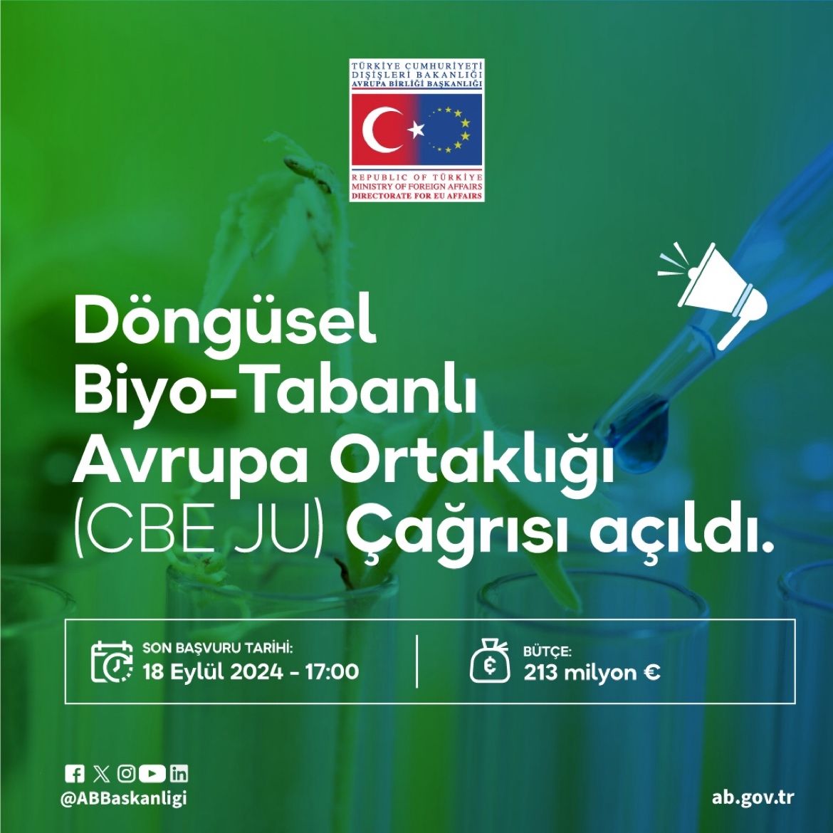 Döngüsel Biyo-Tabanlı Avrupa Ortaklığı (CBE JU) Çağrısı açıldı. 

Yenilikçiliği ve pazar yayılımını artırmak ve gelecekteki yatırımların önünü açmak amacıyla açılan çağrının toplam bütçesi 213 Milyon €.