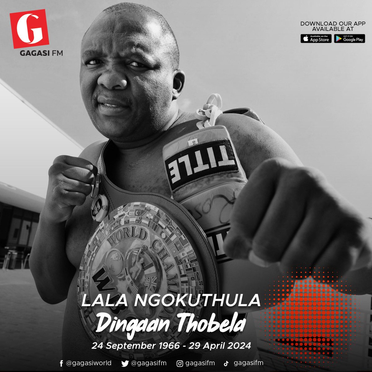 We are saddened by the news of the passing of South African boxing icon  Dingaan 'The Rose of Soweto' Thobela. Condolences to his family, friends, and fans.

 #DingaanThobela #RIP
#GagasiFM