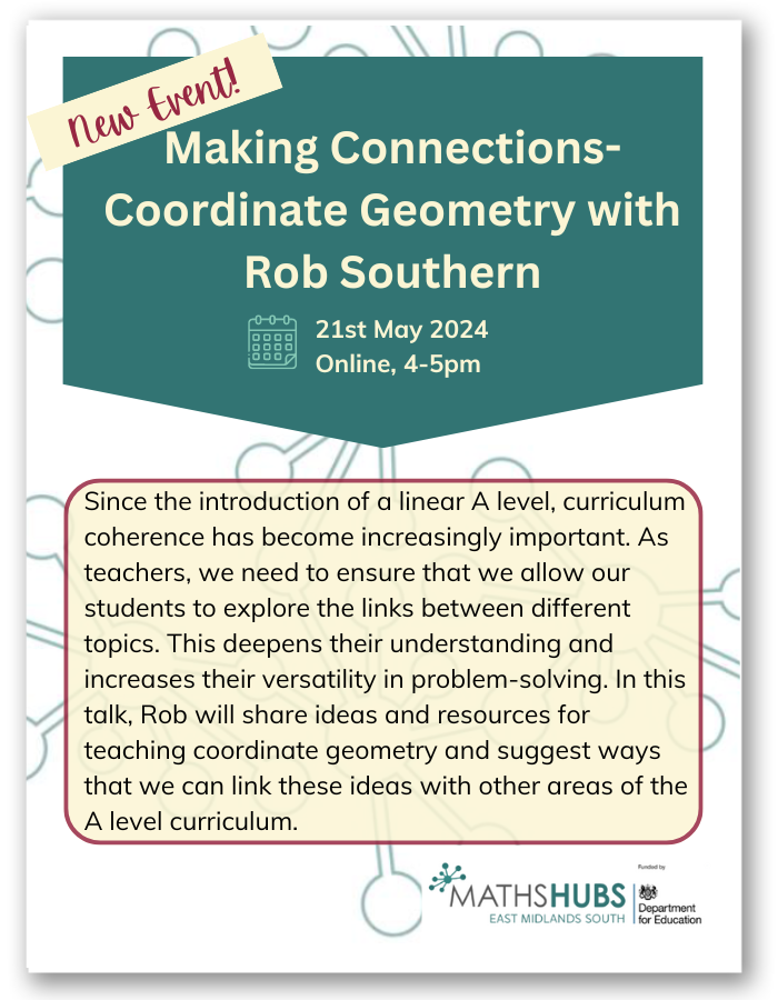 🎉 Exciting announcement! Calling all A-level teachers in our region! Join us for an online event on Making Connections in Coordinate Geometry with <a href="/mrsouthernmaths/">Rob Southern</a>. Secure your spot now by following the link below! 📐

bit.ly/3JFZOSY

<a href="/LeLTSH/">Leicester & Leicestershire Teaching School Hub</a>
<a href="/Northants_TSHub/">Northamptonshire Teaching School Hub</a>
<a href="/LRTSHub/">Leicestershire & Rutland Teaching School Hub</a>