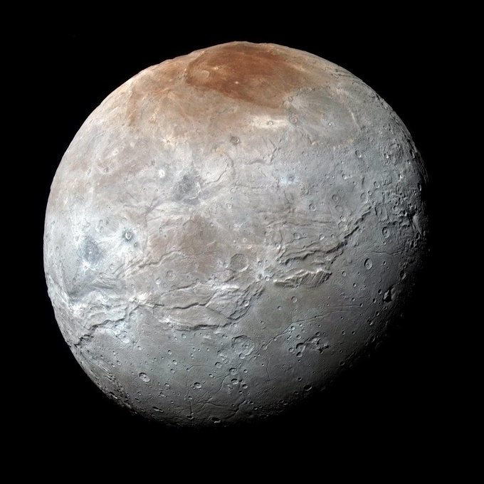 Charon, a moon of Pluto. The image was taken by the New Horizons spacecraft during its close approach to the planet