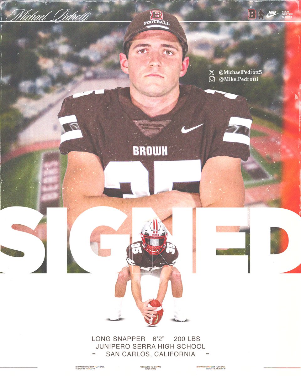 Brown Bears Football (@brownu_football) on Twitter photo Welcome to College Hill Michael Pedrotti‼️
📱 <a href="/michaelpedrott5/">michael pedrotti</a>
🏈 LS
🎓 Junipero Serra High School
🏡 San Carlos, California
#EverTrue Welcome to College Hill Michael Pedrotti‼️
📱 <a href="/michaelpedrott5/">michael pedrotti</a>
🏈 LS
🎓 Junipero Serra High School
🏡 San Carlos, California
#EverTrue