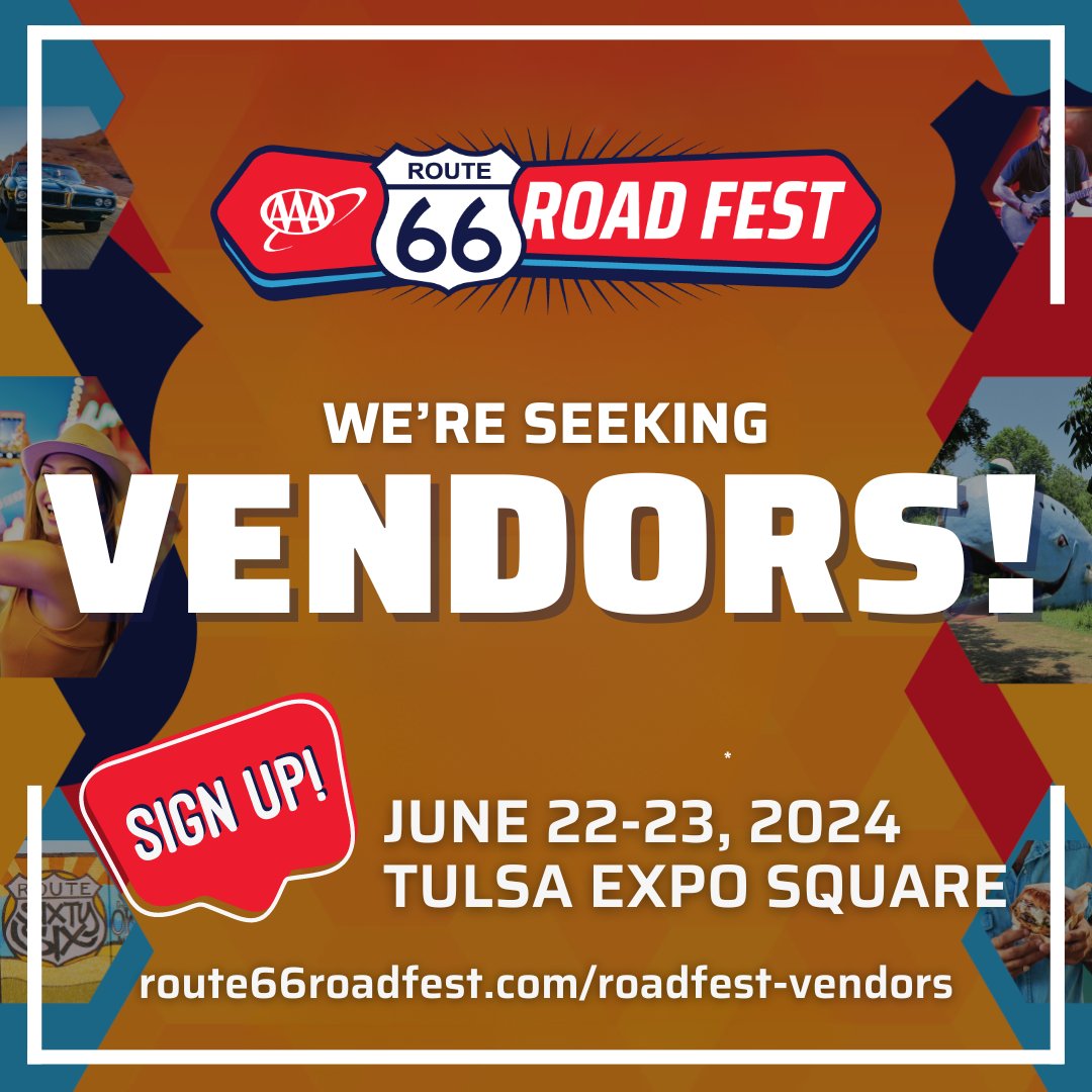 Are you interested in becoming a vendor at AAA's Route 66 Road Fest? We'd love to have you! Visit our website for pricing, vendor requirements, and registration: route66roadfest.com/routefest-vend… #route66roadfest #rt66journeyto100 #tulsaoklahoma