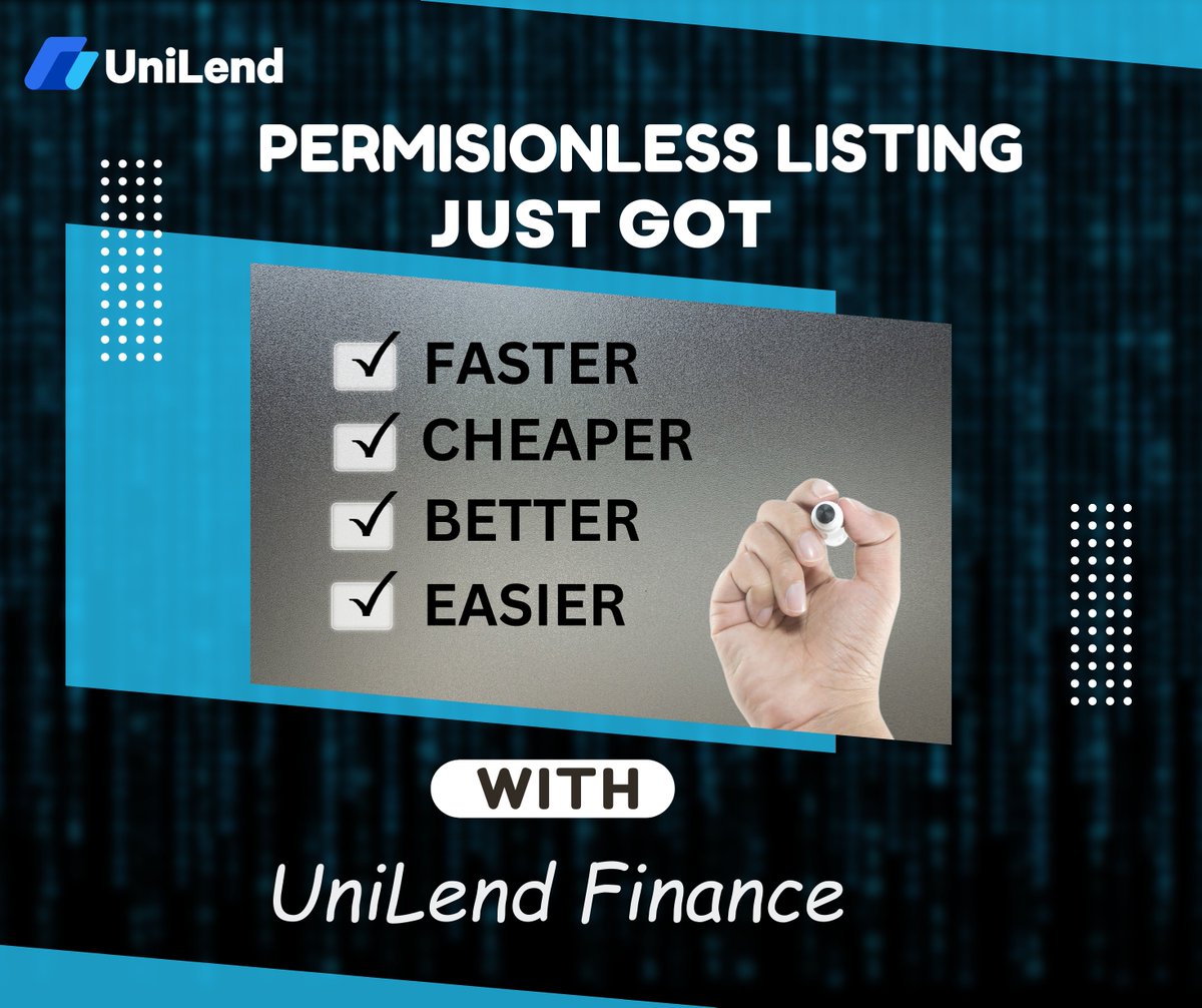 Unleash your assets' true potential with @UniLend_Finance! 😎✨ Permissionless listing is now a breeze—quick, cost-effective, and more powerful than ever. Get on board the #DeFi revolution! 🚀💸

#UFT #Web3 #Crypto