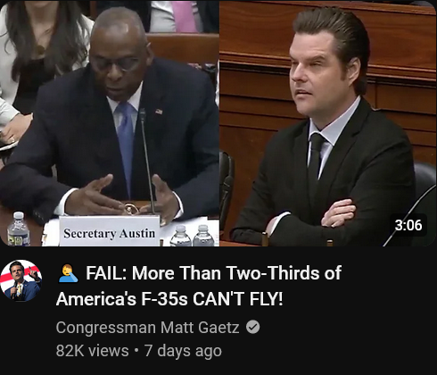 @mattgaetz i would keep the F-18E production line going longer...or, cut the number of active battle-groups in operation by a half.
there is no replacement for the F-35; the Navy will be short fighter-attack jets if the Superhornet's production line is halted in 2025.