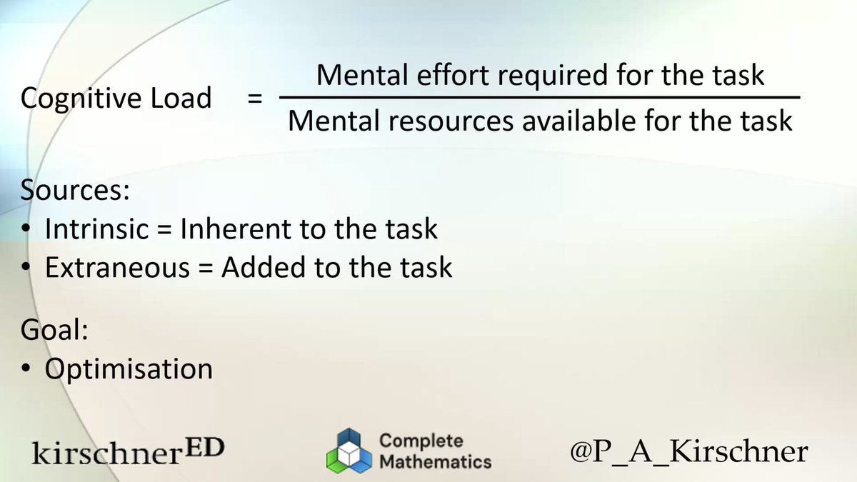 Paraphrasing @P_A_Kirschner: Some people make cognitive load theory difficult, but it's really very simple!
➡️Effort required > resources available?
  ↪️ How can extraneous sources of effort be minimised?
  ↪️ Is this appropriate for the student's level of expertise?
#UKEdChat
