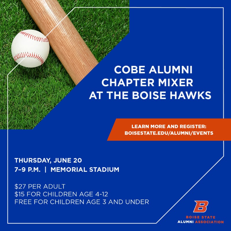 Join the @BoiseStateCOBE Alumni Chapter for a fun social mixer at a @BoiseHawks game on June 20! This is a family-friendly event & includes complimentary access to the Kidszone. Learn more at boisestate.edu/alumni/event/c…. #BoiseStateAlumni #BoiseState #Boise #Baseball #Summer