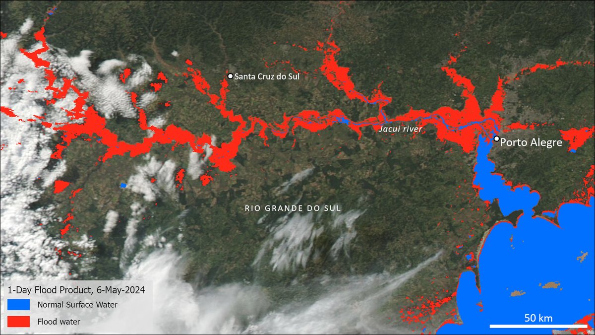 NASA’s Global Flood Product shows extensive flooding in Rio Grande do Sul, Brazil on May 6, after the devastating heavy rains in the region. The 1-day product is shown here, with #flooding in red, and normal surface water in blue. Learn about the data:  go.nasa.gov/3wteBxd