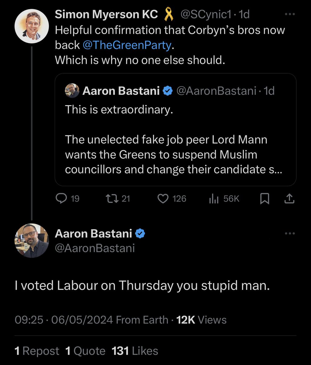 Bastani writes a article for Novara Media the day before polling day after he interviewed George Galloway

Saying he would’ve voted for him but “Prejudice around gender or sexuality is a red line for me.”

So he voted Genocidal Labour instead? of Greens?

The fox’s mask slips.