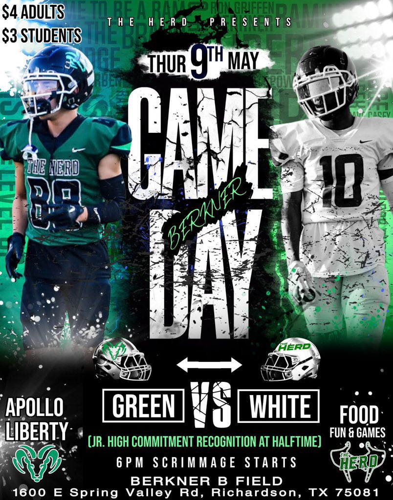 @BERKNERFOOTBALL SPRING GAME 2024!! 🚨🚨🚨

Friends ✅
Family✅
Football✅

Come watch us put on a show for the community!!! #ProtectTheBrand #HERD #BuiltRamTough