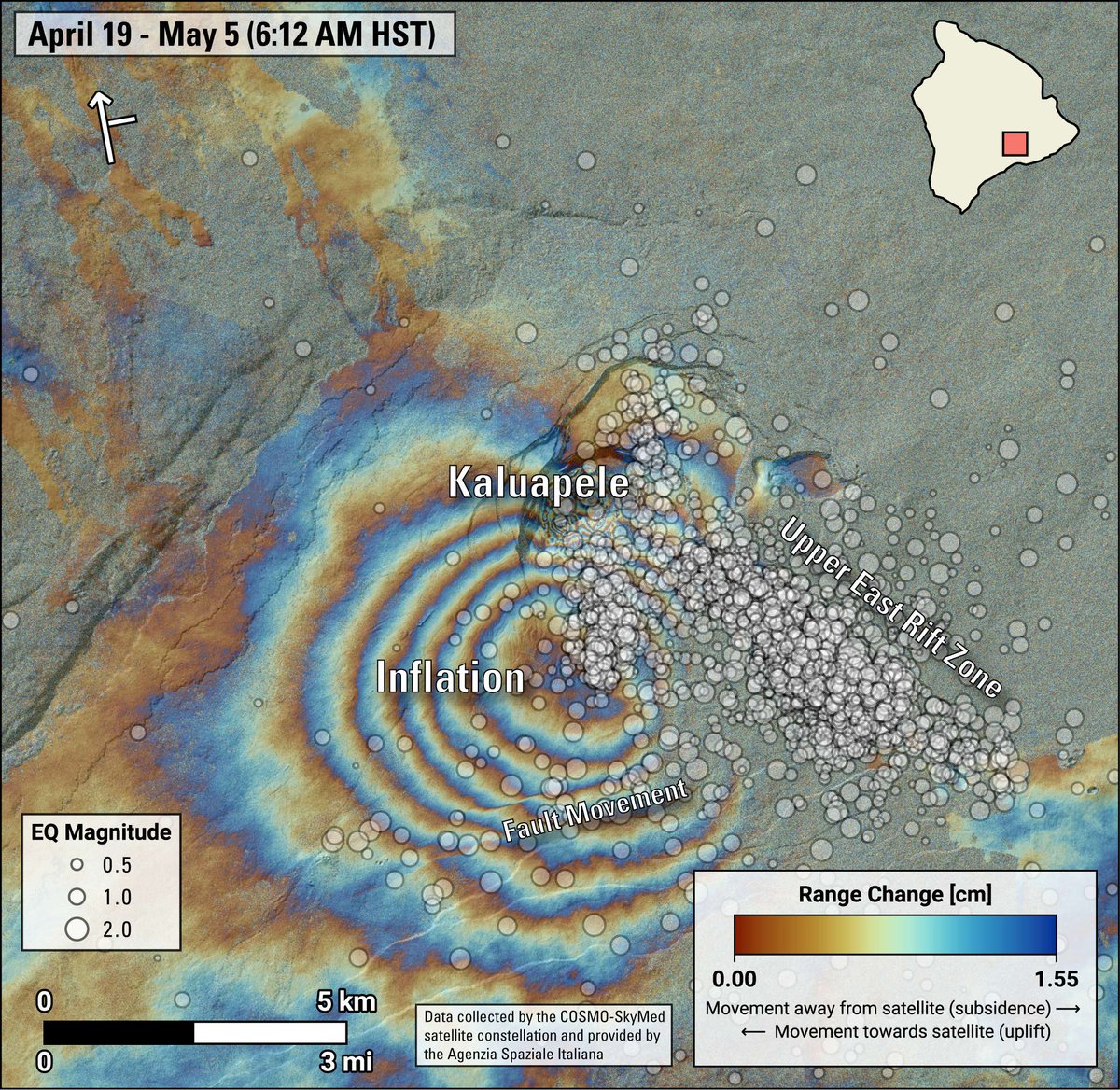 This COSMO-SkyMed satellite radar interferogram indicates inflation in the south part of Kaluapele (Kīlauea's summit caldera) during April 19 - May 5. Each colored fringe indicates 1.5 cm (0.6 in) of ground motion. More fringes = more deformation. White circles are quakes. (1/2)